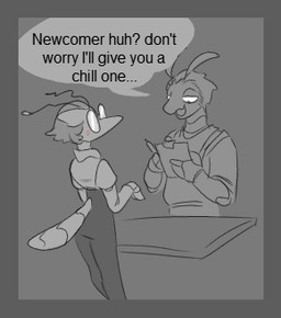 antennae_(anatomy) anthro biped border bottomwear clothing dialogue duo eyewear female glasses grey_background grey_border hair male open_mouth pants question_mark simple_background speech_bubble standing tail text topwear jizzus arthropod english_text greyscale low_res monochrome