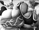 anthro big_breasts bottomwear breast_squish breasts clothing duo female heart_tail hotpants huge_breasts macro markings shorts squish tail topwear eclipsis_(artist) nintendo pokemon eevee generation_1_pokemon pikachu pokemon_(species) monochrome traditional_media_(artwork)