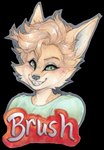 anthro badge blonde_hair blush clothed clothing dominant dominant_male fur green_eyes hair looking_at_viewer male sassy simple_background smile solo teeth text topwear yellow_body yellow_fur bewitchedink brush_(here2express) canid canine corsac_fox fox mammal true_fox alpha_channel headshot_portrait hi_res portrait shaded traditional_media_(artwork)