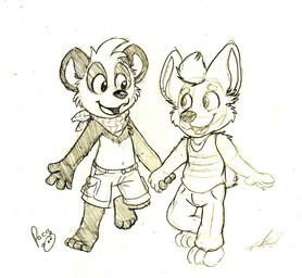 anthro bottomwear clothed clothing duo front_view hand_holding happy kerchief logo male male_anthro neckerchief neckwear open_mouth open_smile shorts simple_background smile topwear pandapaco parinton bear canid canine giant_panda mammal 2017 artist_logo monochrome signature sketch