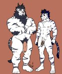 anthro beard blush chastity_cage chastity_device duo embarrassed facial_hair flaccid genitals horn male male/male muscular muscular_male nipples pecs penis simple_background smile standing stripes hunterramirez toboe_(toboe2) domestic_cat felid feline felis mammal pantherine tiger 5:6 hi_res