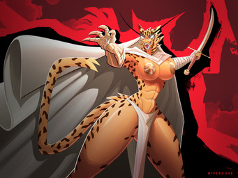 anthro arm_wraps armor bottomwear breasts cloak clothing eyebrows female gauntlets gloves glowing glowing_eyes handwear loincloth long_eyebrows melee_weapon nipple_armor pasties solo sword thick_thighs weapon wraps hiverdose last_fables lieren_(last_fables) felid leopard mammal pantherine hi_res