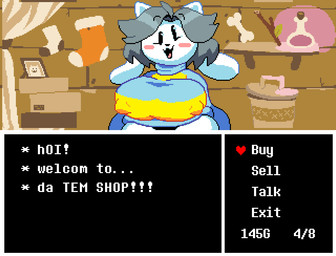 big_breasts breasts clothed clothed_female clothing dialogue female nipple_outline panties pattern_clothing pattern_sweater pattern_topwear rosy_cheeks smile solo striped_clothing striped_sweater striped_topwear stripes sweater text text_box topwear underwear sabs undertale undertale_(series) temmie_(undertale) canid canine canis domestic_dog mammal tem 2026 digital_media_(artwork) english_text pixel_(artwork)