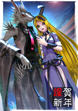 alternate_species anthro armwear asian_clothing black_sclera blonde_hair clothing detached_sleeves dress duo ear_piercing ear_ring fake_ears female fur green_eyes hair heterochromia kemono long_hair male medical_instrument mohawk necktie open_mouth piercing pupils purple_clothing purple_dress rabbit_ears red_eyes red_necktie ring_piercing scientific_instrument slit_pupils smile spiky_fur stethoscope text white_body white_fur deino_(artist) deino_(modeler) bani-sama_(deino) zincum_(deino) arachnid arthropod beetle elateroid firefly human insect lagomorph leporid mammal rabbit whip_spider 2023 3d_(artwork) autodesk_3ds_max_(artwork) digital_media_(artwork) hi_res japanese_description japanese_text