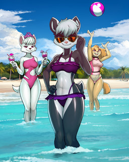 anthro ball beach beach_ball beverage bikini black_body black_fur clothed clothing cloud container crop_top crown cup eyewear feet female floppy_ears fur glass glass_container glass_cup group headgear inflatable one-piece_swimsuit pink_clothing purple_clothing sand sea seaside shirt sky sunglasses swimwear tail tan_body tan_fur tiara toes topwear trio two-piece_swimsuit water white_body white_fur diacordst paw_patrol skye_(paw_patrol) sweetie_(paw_patrol) badger bird_dog canid canine canis cockapoo cocker_spaniel domestic_dog hunting_dog mammal mixed_breed mustelid musteline spaniel terrier west_highland_white_terrier 2025 4:5 absurd_res hi_res