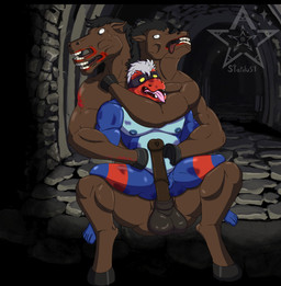 2_heads 5_toes animal_genitalia animal_penis background_image balls beaten beta_design blood blue_body bodily_fluids body_horror brown_body equine_genitalia equine_penis fangs feet genitals grey_hair hair hoof_hands hooves imminent_sex male mask multi_head multicolored_body nipples no_pupils penis teeth toes tongue tongue_out yellow_sclera fafnir_stardust_(artist) fear_and_hunger mythology unnamed_character dragon equid equine horse mammal monster mythological_creature mythological_scalie scalie undead zombie hi_res