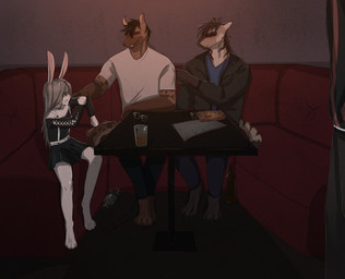 alcohol anthro beverage blush clothed clothing drunk female forced fur group hair male male/female open_mouth questionable_consent smile substance_intoxication tail topwear white_body white_fur yourumi kais_(yourumi) mieri_(yourumi) canid canine fox hyena lagomorph leporid mammal rabbit spotted_hyena digital_media_(artwork)
