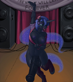 animal_genitalia animal_penis anthro anthrofied areola balls big_breasts big_penis biped blue_hair breasts clothed clothing curvy_figure ear_piercing equine_genitalia equine_penis erection flashing genitals gynomorph hair horn huge_penis intersex legwear midriff navel navel_piercing nipples penis piercing raised_arm solo speaker stage text thick_thighs tongue tongue_out tongue_piercing vein kevinsano third-party_edit friendship_is_magic hasbro my_little_pony mythology nightmare_moon_(mlp) equid equine mammal mythological_creature mythological_equine unicorn 2015 2016 digital_media_(artwork) english_text