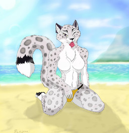 anthro beach bikini bikini_bottom biped breasts clothed clothing cloud condom condom_in_mouth detailed_background dipstick_tail featureless_breasts female kneeling leopard_spots looking_at_viewer markings mouth_hold multicolored_tail object_in_mouth one_eye_closed outside sand sea seaside sexual_barrier_device sky smile solo spots sun swimwear tail tail_markings topless two-piece_swimsuit water whiskers wink plejman meixiu felid leopard mammal pantherine hi_res