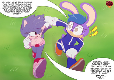 anthro big_breasts breasts cleavage clothed clothing dialogue dress duo exclamation_point eyelashes eyewear female footwear fur glasses grass head_tuft high_heels plant purple_body purple_fur red_eyes running shoes smile speech_bubble surprised talking_to_another text tracksuit tuft wearing_glasses winking_at_another yellow_eyes ladycherrybomba sega sonic_the_hedgehog_(series) fan_character eulipotyphlan hedgehog lagomorph leporid mammal rabbit english_text signature