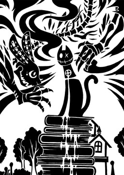 4_claws 4_fingers bone book book_stack cat_tail claws cross description duo exposed_bone female feral finger_claws fingers male pointy_ears prick_ears rabbit_ears sewn_eye sewn_mouth sharp_teeth silhouette simple_background smile spine tail teeth vertebrae white_background sunnyclockwork pitch_haven scp_foundation scp-2999-a scp-2999-b domestic_cat felid feline felis lagomorph leporid mammal rabbit undead 2014 black_and_white digital_media_(artwork) english_description hi_res monochrome