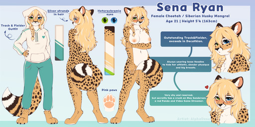 4_toes 5_fingers anthro areola arm_under_breasts big_breasts black_claws blonde_hair blue_bottomwear blue_clothing blue_eyes blue_pants blush bottomwear braided_hair breasts brown_spots chest_tuft claws clothed clothing color_swatch countershade_torso countershading digitigrade dipstick_tail feet female female_anthro fingers fluffy fluffy_tail front_view green_eyes hair hand_on_hip heart_symbol heterochromia holding_arm hood_up hoodie inner_ear_fluff long_hair looking_at_viewer looking_back looking_back_at_viewer markings measurements multiple_expressions multiple_poses navel nipples nude pants pattern_clothing pawpads pose rear_view shy smile solo sportswear spots spotted_body standing stated_age striped_clothing stripes tail tail_covering_crotch tail_markings text toes topwear tuft white_clothing white_hoodie white_topwear yellow_body alphadesu sena_ryan canid canine canis cheetah domestic_dog felid feline husky hybrid mammal nordic_sled_dog spitz absurd_res bust_portrait character_name english_text full-length_portrait hi_res model_sheet portrait signature species_name story story_in_description