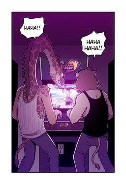 anthro arcade_machine armpit_hair black_clothing black_shirt black_topwear body_hair border bottomwear brown_body brown_hair brown_mane clothed clothing duo enjoying gaming grin hair happy horn inside laugh long_neck male mane ossicone pants playing_video_game rear_view round_ears screen shirt smile tail tail_tuft tank_top topwear tuft white_border white_clothing white_shirt white_topwear yellow_body t0l0k king_of_fighters andrew_(t0l0k) scott_(t0l0k) felid giraffe giraffid lion mammal pantherine comic hi_res