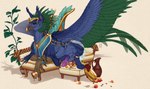 animal_genitalia balls beak blue_balls blue_body blue_feathers blue_penis blue_sheath blue_wings dirty erection feathered_wings feathers feral food furniture genitals green_wings grey_beak looking_at_viewer lying male mouth_closed narrowed_eyes on_front on_sofa orange_eyes penis purple_penis quadruped sheath simple_background sofa solo wings riorix mythology avian gryphon mythological_avian mythological_creature hi_res
