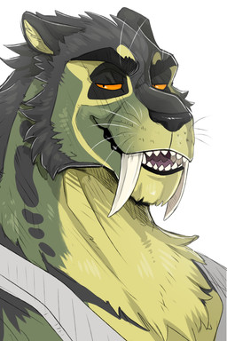 anthro big_fangs black_eyebrows black_nose clothing eyebrows fangs fur glistening glistening_eyes green_body green_fur grey_body grey_fur looking_at_viewer male male_anthro narrowed_eyes no_sclera open_mouth orange_eyes simple_background solo teeth topwear whiskers white_background white_clothing white_topwear swampjaws swamp_jaws_(imperatorcaesar) felid mammal 2:3 absurd_res bust_portrait colored_sketch hi_res portrait sketch