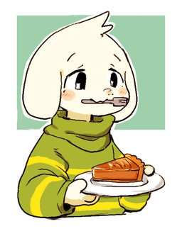 anthro clothed clothing cutlery dessert food fork fur kemono kitchen_utensils male pastry pie plate simple_background solo tools white_body white_fur young young_anthro ikutasemi undertale undertale_(series) asriel_dreemurr boss_monster_(undertale) bovid caprine goat mammal 2016 half-length_portrait portrait