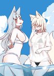 :3 anthro big_breasts bikini bikini_bottom bikini_top blush breasts butt clothed clothing cloud colored_edge_bikini duo facial_markings female front-tie_bikini front-tie_clothing front-tie_swimwear fur gesture grey_hair hair hand_gesture head_markings hime_cut kemono long_hair looking_at_viewer markings mehajiki outside partially_submerged pawpads pointing red_eyes red_markings sea shirt side-tie_bikini side-tie_clothing side-tie_swimwear side_boob side_mouth side_view sky smile string_bikini swimwear t-shirt tied_bikini tied_clothing tongue tongue_out topwear translucent translucent_clothing translucent_shirt translucent_topwear triangle_bikini two-piece_swimsuit water wet wet_clothing wet_shirt wet_topwear white_body white_fur white_hair yuuki_ray tamamo-chan's_a_fox osaki_fushimi tamamo_fushimi canid canine fox mammal hi_res