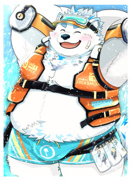 anthro bandage bandage_on_face belly blush bottomwear clothing eyewear eyewear_on_head fur goggles goggles_on_head hair hat headgear headwear life_jacket male moobs navel overweight overweight_male ponytail shorts solo swimwear visor_cap white_body white_fur goricky555 lifewonders live_a_hero yohack canid canine canis domestic_dog mammal nordic_sled_dog samoyed spitz hi_res