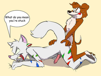 anthro asking asking_another asking_for_explanation asking_what dialogue duo genitals humor male male/male penis question speech_bubble spiked_penis spikes spikes_(anatomy) talking_to_another talking_to_partner text zoh_the_dog jack_(scruffed_irl) zoh zoh_(scruffed_irl) canid canine canis domestic_dog felid feline mammal prehistoric_species saber-toothed_tiger 4:3 english_text hi_res