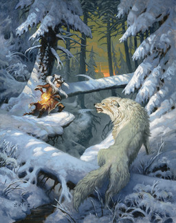ambiguous_gender brown_clothing clothing cloud crouching detailed_background duo evening female feral fur hair magic outside plant snarling snow tail tree white_body white_fur white_hair daren_bader paizo pathfinder canid canine canis human mammal wolf 2012 hi_res official_art traditional_media_(artwork)