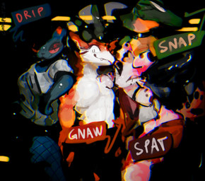 anthro arm_support bedroom_eyes bottomwear choker clothed clothing constricted_pupils dress female fishnet_clothing fishnet_legwear glistening glistening_body group hand_on_chest jewelry leaning_on_elbow legwear male markings narrowed_eyes necklace notched_ear pose pupils seductive shirt shorts small_pupils smile smiling_at_viewer spots spotted_body text topless topless_male topwear torn_clothing torn_shirt torn_topwear chompingbit canid canine canis crocodile crocodilian dalmatian domestic_cat domestic_dog felid feline felis fox mammal reptile scalie absurd_res chromatic_aberration hi_res