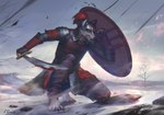 4_toes amber_eyes anthro blood bodily_fluids day detailed_background feet fingers holding_melee_weapon holding_object holding_sword holding_weapon male melee_weapon outside sky solo sword toes weapon eruca canid canine canis mammal wolf 2022 digital_media_(artwork) digital_painting_(artwork)