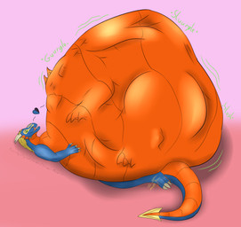3_toes 4_fingers belly big_belly blue_body blue_eyes duo feet feral fingers heart_symbol horn huge_belly lying male multicolored_body on_back open_mouth orange_tongue pink_background simple_background size_difference smaller_pred tail tan_claws tan_horn toes tongue tongue_out vore willing_pred willing_prey ingeir_palar mythology ingeir_(ingeir_palar) dragon mythological_creature mythological_scalie scalie hi_res shaded watermark