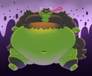3_toes 5_fingers anthro belly big_belly big_cheeks black_body black_fur blush bodily_fluids breath feet fingers fur green_belly green_body green_fur half-closed_eyes huge_belly hyper hyper_belly lidded_eyes looking_at_belly looking_at_own_belly looking_down looking_down_at_self male multicolored_body multicolored_fur musclegut muscular muscular_anthro muscular_male narrowed_eyes navel obese obese_anthro obese_male overweight overweight_anthro overweight_male panting pawpads pink_pawpads pink_tongue sitting solo sweat sweatdrop teeth toes tongue tongue_out two_tone_body two_tone_fur ghgbn nintendo pokemon canid canine canis domestic_dog generation_9_pokemon legendary_pokemon mammal okidogi pokemon_(species) 2023 hi_res