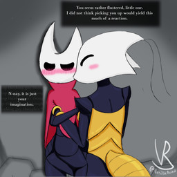 against_surface against_wall blush cave cloak cloak_only clothing duo female female/female flustered leg_between_thighs looking_away pinned pinned_to_wall ring rings_on_arms size_difference text vanilla_road hollow_knight:_silksong hollow_knight_(franchise) tall_woman_lifting_short_woman team_cherry hornet_(hollow_knight) shakra_(hollow_knight:_silksong) arachnid arthropod insect spider worm 1:1 english_text hi_res