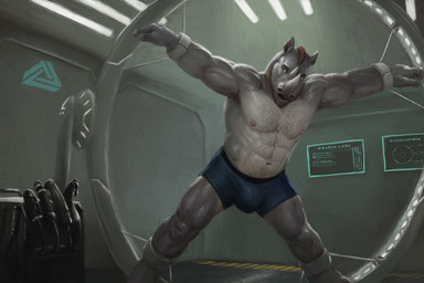 abs ankles_tied anthro areola arm_hair armpit_hair bdsm beard biceps body_hair bondage bound boxers_(clothing) boxers_only bulge chest_hair clothed clothing detailed_bulge facial_hair fingers fur group hair hairy_legs hands_tied inside laboratory male muscular muscular_anthro muscular_male navel nipples open_mouth pecs sex_toy solo spread_legs spreading text topless topless_anthro topless_male underwear underwear_only orcfun mammal rhinoceros 3:2 digital_media_(artwork) english_text hi_res