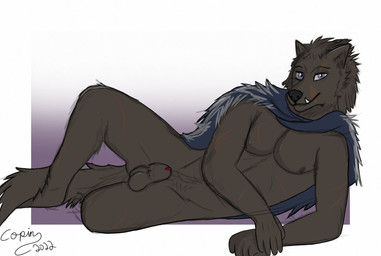animal_genitalia animal_penis athletic athletic_male balls black_body black_fur canine_genitalia canine_penis cape clothing fangs fur genitals looking_at_viewer lying male penis penis_tip scar sheath solo teeth copinlighter elden_ring fromsoftware blaidd_(elden_ring) canid canine canis mammal wolf hi_res