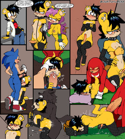 anal anal_penetration anthro anthro_on_anthro anthro_penetrated anthro_penetrating anthro_penetrating_anthro armwear barbell_piercing big_breasts big_penis black_body black_fur black_hair blue_body blue_fur blue_hair blush bodily_fluids breasts clothing collar cum cum_in_mouth cum_inside cum_on_face cumshot dialogue doggystyle ear_piercing ejaculation elbow_gloves eyewear female femboy fishnet_armwear fishnet_clothing fishnet_elbow_gloves fishnet_gloves fishnet_handwear fishnet_legwear fishnet_thigh_highs from_behind_position fur genital_fluids genitals glasses gloves group hair handjob handwear kneeling leash leashed_collar legwear male male/male male_penetrated male_penetrating male_penetrating_male nipple_piercing nipples oral oral_penetration penetration penile penis penis_size_difference piercing pillow purple_hair red_body red_fur red_hair sex speech_bubble standing standing_sex submissive submissive_anthro submissive_male text thigh_highs wearing_glasses white_clothing white_gloves white_handwear yellow_body yellow_fur justtaylor archie_comics sega sonic_the_hedgehog_(archie) sonic_the_hedgehog_(comics) sonic_the_hedgehog_(series) ash_mongoose knuckles_the_echidna mina_mongoose sonic_the_hedgehog canid canine canis echidna eulipotyphlan hedgehog herpestid mammal mongoose monotreme wolf 2026 absurd_res comic english_text hi_res