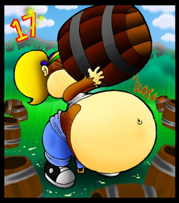 anthro barrel belly big_belly blonde_hair female hair huge_belly hyper hyper_belly inflation outside overweight simple_background solo virus-20 donkey_kong_(series) nintendo tiny_kong haplorhine mammal monkey primate 2009