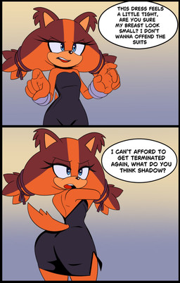 anthro big_butt blue_eyes breasts butt clothed clothing comic_panel dress female fur orange_body orange_fur simple_background simple_coloring small_breasts solo text thick_thighs wide_hips blue_archer_(artist) sega sonic_boom sonic_the_hedgehog_(series) sticks_the_jungle_badger badger mammal mustelid musteline absurd_res comic english_text hi_res