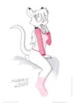 anthro blush bottomless butt clothed clothing fashion female footwear no_underwear sitting socks solo topwear tirashanks_(artist) mia_(tira_shanks) kangaroo macropod mammal marsupial wallaby