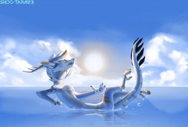 anthro blue_eyes cloud fur horn levitating levitation light male markings sea sky sunlight tail water white_body conditional_dnp shido-tara mythology dragon eastern_dragon furred_dragon furred_scalie mythological_creature mythological_scalie scalie hi_res