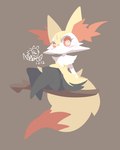 :3 ambiguous_gender anthro black_body black_fur blush blush_stickers brown_back fur inner_ear_fluff orange_eyes riding solo spiral_eyes stick tuft white_body white_fur yellow_body yellow_fur nyaswitchnya nintendo pokemon braixen canid canine generation_6_pokemon mammal pokemon_(species) 2021 full-length_portrait hi_res portrait