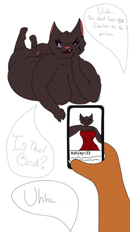 ambiguous_gender anthro belly big_belly big_breasts big_butt blush blush_lines breasts brown_body brown_fur butt clothing dating_app dress duo female flirting flirting_with_viewer front_view fur huge_belly lying nude obese obese_female orange_body orange_fur overweight overweight_female purple_eyes red_clothing red_dress text the_other_guy_4 ashley_(the_other_guy_4) bat canid canine fox mammal red_fox true_fox 9:16 english_text hi_res