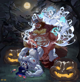 anthro biped bodily_fluids clothing cum cum_in_pumpkin cum_on_belly cum_on_body cum_on_face cum_while_penetrated ejaculation erection food fruit genital_fluids genitals group hat hat_only headgear headgear_only headwear headwear_only holding_penis horn jack-o'-lantern leg_grab male male/male mostly_nude muscular muscular_anthro muscular_male neck_tuft night nipples penetration penis plant pumpkin tail trio tuft yibian_sz ghost mammal spirit hi_res