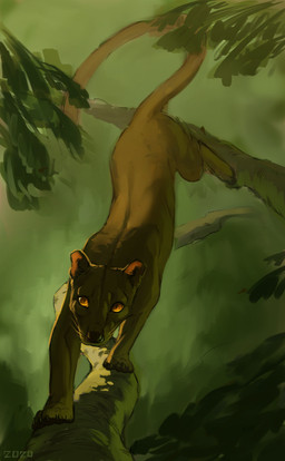 abstract_background black_claws black_nose branch claws feral fur green_background in_tree leaf long_tail on_branch orange_eyes plant pupils quadruped simple_background slit_pupils solo tail tan_body tan_fur tree treetop whiskers yellow_eyes alexpahomov euplerid fossa mammal 2020 absurd_res digital_media_(artwork) digital_painting_(artwork) hi_res painting_(artwork)