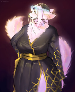 anthro asian_clothing big_breasts bit_gag breasts claws clothed clothing curved_horn curvy_figure east_asian_clothing female fluffy fur fur_markings gag gagged glowing halo horn inner_ear_fluff japanese_clothing kimono kimono_only looking_at_viewer markings multicolored_eyes neck_tuft non-mammal_breasts object_in_mouth paws pose solo tail tail_tuft thick_thighs tuft voluptuous white_body white_fur wide_hips littleclown mythology ana_(anunusedaccount) dragon furred_dragon furred_scalie mythological_creature mythological_scalie scalie absurd_res hi_res