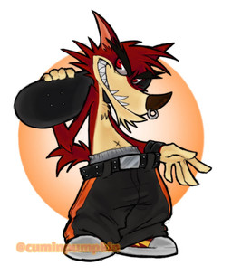 anthro belt bottom_heavy bottomwear boxers_(clothing) clothed clothing eyebrows facial_piercing fangs fur grin male male_anthro nose_piercing nose_ring pants piercing pose red_body red_eyes red_fur ring_piercing sagging_pants sharp_teeth simple_background skateboard smile solo standing tail teeth thick_eyebrows toony topless topless_anthro topless_male underbite underwear vehicle cuminpumpkin atlus go!_go!_hypergrind sega decker canid canine canis mammal wolf hi_res