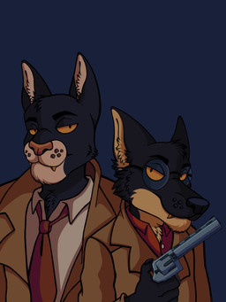 .357_magnum anthro back_to_back black_body black_claws black_fur black_nose blue_background cheek_tuft claws clothing coat colt_python countershade_neck countershading detective duo eyewear facial_tuft fangs fur glasses gun handgun holding_gun holding_handgun holding_object holding_ranged_weapon holding_revolver holding_weapon inner_ear_fluff looking_at_viewer male necktie ranged_weapon red_necktie revolver shirt simple_background smile teeth toony topwear trenchcoat tuft weapon yellow_sclera calupobaileyi blacksad jack_salem john_blacksad domestic_cat felid feline felis gulonine mammal marten mustelid musteline sable_(marten) 2025 3:4 bust_portrait crossover hi_res portrait