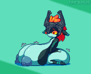 areola big_areola big_breasts big_butt big_nipples black_body black_ears black_skin blue_areola blue_body blue_markings blue_nipples blue_skin breasts butt eyebrows female fused_shadow green_background grey_helmet hair huge_breasts humanoid_pointy_ears hyper hyper_breasts kneeling markings motion_lines multicolored_body nipples not_furry orange_hair pointy_ears red_eyebrows red_eyes short_stack simple_background solo thick_thighs two_tone_body yellow_sclera epicpotatolord nintendo the_legend_of_zelda twilight_princess midna humanoid imp twili 2025 cel_shading colored digital_media_(artwork) pixel_(artwork) shaded