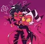 black_hair clothed clothing duo female gradient_background hair horn husband_and_wife male married_couple not_furry short_hair simple_background spade_tail tail white_hair yellow_sclera wizaria helluva_boss millie_(helluva_boss) moxxie_(helluva_boss) demon demon_humanoid humanoid imp tailed_humanoid 2021 hi_res signature