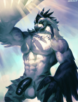 abs anthro balls beak biped feathers genitals looking_at_viewer male nude nude_anthro nude_male penis simple_background solo stripes wings sadnicole badetawar_(thaeliscyn) avian bird 2026 digital_drawing_(artwork) digital_media_(artwork) hi_res