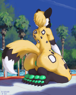 anthro anus big_butt blonde_hair butt claws feet fur hair kneeling kneeling_on_ground light male nude outside palm_tree pawpads perineum plant poolside solo swimming_pool tail teal_anus teal_nose teal_pawpads text toe_claws toes tree water yellow_body yellow_fur riskysquid tweesee_(character) african_wild_dog canid canine mammal 2026 4:5 absurd_res artist_name colored digital_media_(artwork) digital_painting_(artwork) hi_res lighting painting_(artwork) shaded signature