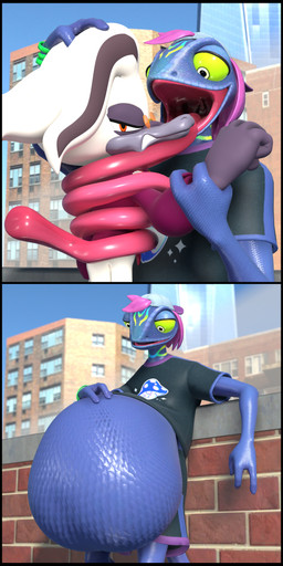 abdominal_bulge angry anthro backwards_baseball_cap backwards_hat baseball_cap beak belly big_belly black_border blue_body blue_scales border city city_background clenched_teeth clothed clothing duo eyewear glasses hand_on_belly hat headgear headwear huge_belly leaning_on_wall long_tongue male no_teeth open_mouth oral_vore outside scales smile soft_vore standing tail teeth tongue tongue_out unwilling_prey uvula vore ocsda epic_games fortnite idw_publishing sega sonic_the_hedgehog_(comics) sonic_the_hedgehog_(idw) sonic_the_hedgehog_(series) doctor_starline ziggy_(fortnite) chameleon lizard mammal monotreme platypus reptile scalie 1:2 2025 3d_(artwork) absurd_res digital_media_(artwork) hi_res