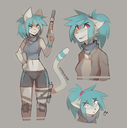 5_fingers anthro athletic athletic_anthro athletic_female athletic_wear bandage blep blue_hair bottomwear bra clothed clothing confusion female fingers fur grey_background grey_body grey_fur gun hair hand_on_hip handgun holding_gun holding_object holding_ranged_weapon holding_weapon holster jacket knee_pads looking_at_viewer markings one_eye_closed open_mouth pink_eyes pistol ponytail ranged_weapon shorts silencer simple_background smile smug solo spandex spandex_shorts sports_bra standing striped_markings striped_tail stripes tail tail_markings tight_bottomwear tight_clothing tight_shorts tomboy tongue tongue_out topwear underwear weapon wink winking_at_viewer notglacier glock kei_(notglacier) domestic_cat felid feline felis mammal absurd_res digital_drawing_(artwork) digital_media_(artwork) hi_res