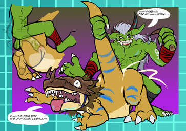 3_toes 5_toes abs anal anal_penetration anthro armor balls bodily_fluids bodypaint broken_horn canon_x_oc cosplay cum cum_inflation cum_inside dark_eyelids digitigrade duo ear_piercing fangs fangs_bared feet foot_on_head genital_fluids genitals green_body gums_showing headgear helmet horn humor inflation internal internal_anal male male/male mistaken_identity misunderstanding muscular muscular_male nipples nubbed_penis penetration penile penile_penetration penis penis_in_ass piercing pinned_by_foot plantigrade questionable_consent ribbed_penis slightly_chubby spikes tail tail_pull teeth text toes tongue tongue_out kinkykeroro bandai_namco digimon digimon_adventure: ralph_(irongut) digimon_(species) greymon ogremon absurd_res english_text hi_res